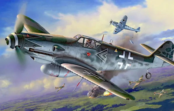 Картинка рисунок, арт, штурмовик, Messerschmitt, Luftwaffe, Ил-2, перехват, одномоторный поршневой истребитель-низкоплан
