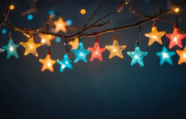 Огни, фон, ветка, Рождество, Новый год, гирлянды, разноцветные, звездочки
