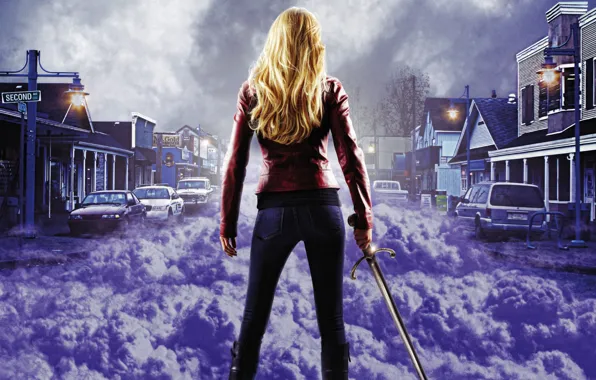 Картинка фиолетовый, девушка, машины, тучи, город, туман, меч, блондинка