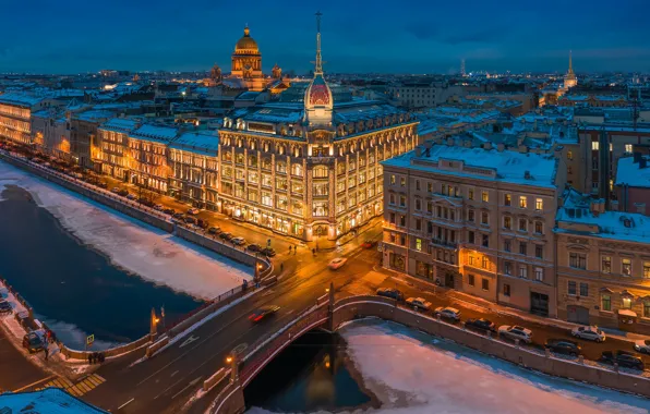 Зима, мост, река, здания, дома, Санкт-Петербург, Россия, ночной город