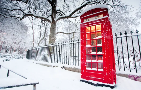 Картинка зима, забор, красная, телефонная будка