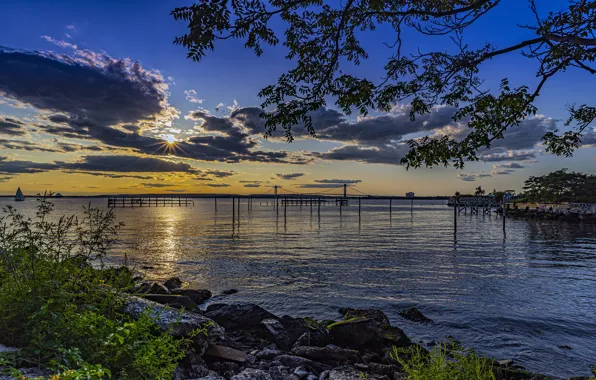 Картинка закат, фото, рассвет, берег, залив, USA, Бруклен, Parks Calvert Vaux