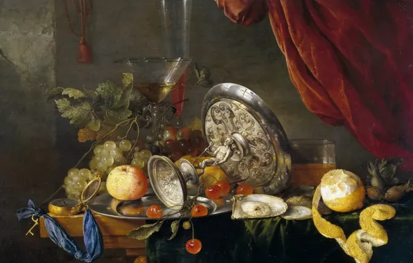 Лимон, яблоко, картина, виноград, ваза, Натюрморт, Ян Давидс де Хем
