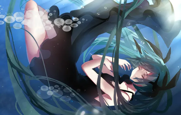 Девушка, свет, пузыри, аниме, арт, vocaloid, hatsune miku, под водой