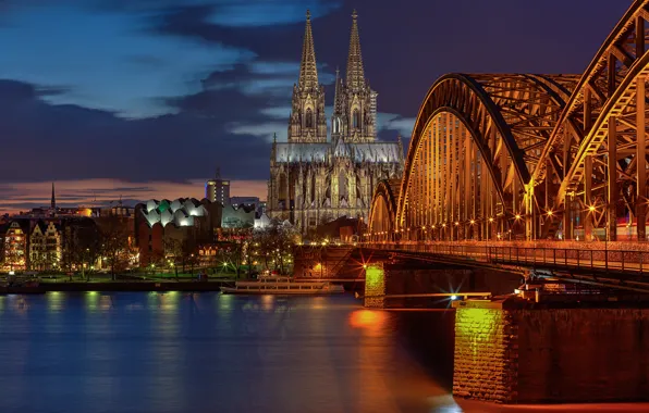 Свет, мост, город, огни, вечер, выдержка, Германия, Кёльнский собор