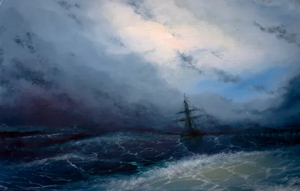 Картинка море, волны, небо, тучи, шторм, корабль