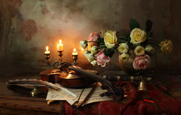Картинка перо, скрипка, розы, свеча, натюрморт, смычок
