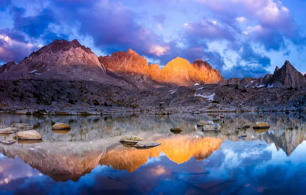 Картинка небо, закат, горы, озеро, отражение