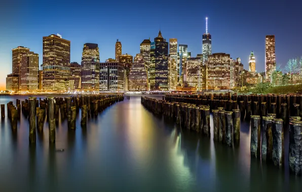 Картинка city, lights, USA, night, New York, Manhattan, Brooklyn Bridge, skyscrapers