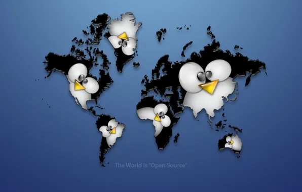 Материки, пингвин, linux, карта мира