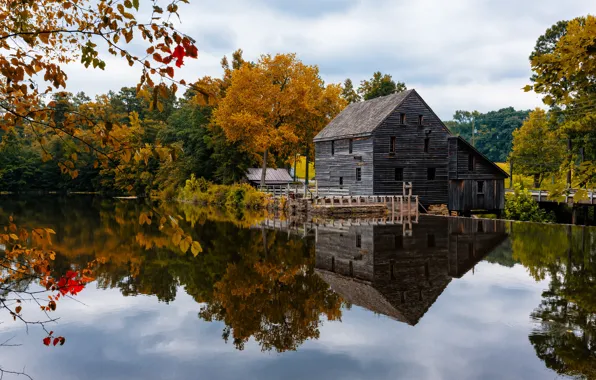 Картинка осень, небо, деревья, дом, пруд