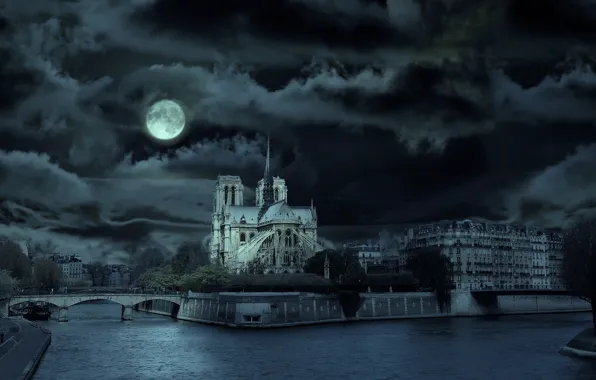 Картинка тучи, мост, река, Париж, месяц, франция, Собор Парижской Богоматери, Notre Dame de Paris