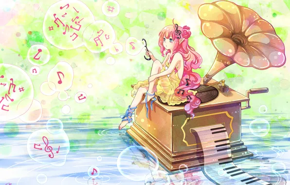 Картинка вода, девушка, цветы, ноты, музыка, пузыри, розы, аниме
