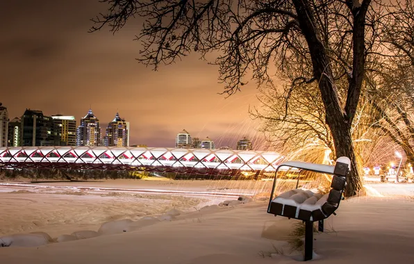 Картинка ночь, город, скамья, Calgary