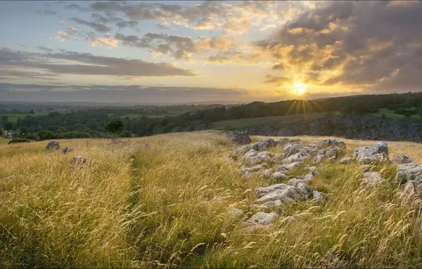 Картинка трава, закат, камни, Англия, England, Ingleton