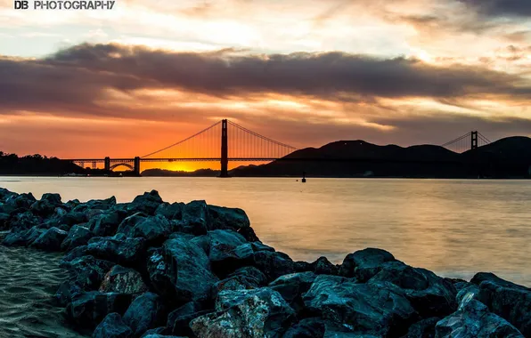 Картинка небо, закат, река, Мост, USA, Sunset, California, San Francisco