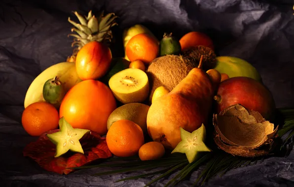 Картинка стол, кокос, киви, ткань, груша, фрукты, грейпфрут, гранат