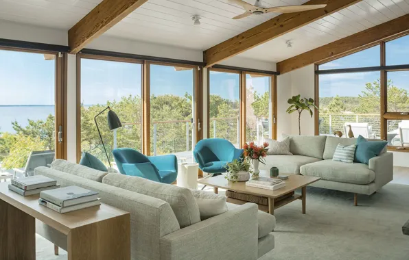 Комната, интерьер, гостиная, Beach House, mid-century modern