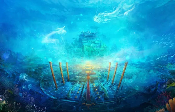 Рыбы, магия, драконы, кораллы, колонны, храм, подводный мир, под водой