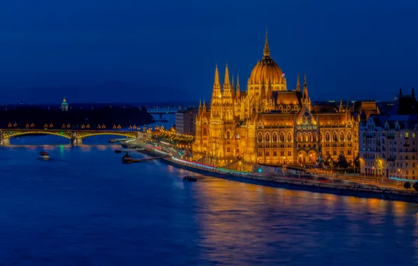 Мост, река, здание, архитектура, ночной город, набережная, Венгрия, Hungary