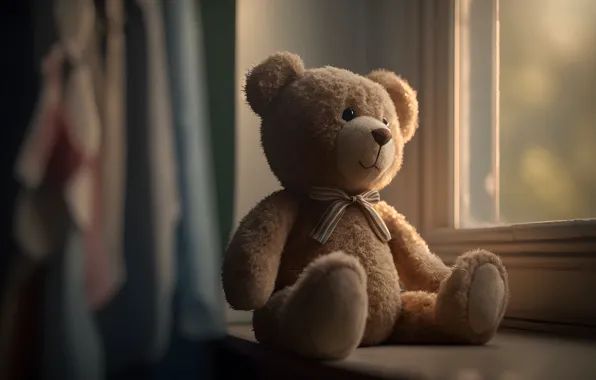 Медведь, окно, мишка, мягкий свет, toy, bear, игрушечный, teddy