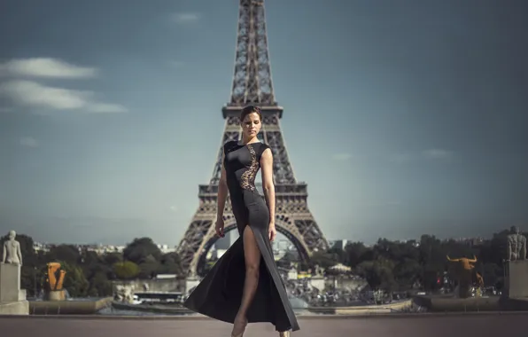 Картинка девушка, Париж, фигура, платье, Эйфелева башня