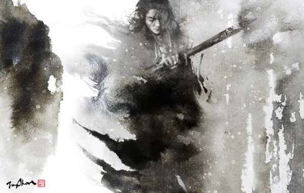 Картинка рисунок, меч, акварель, мужчина, Самурай