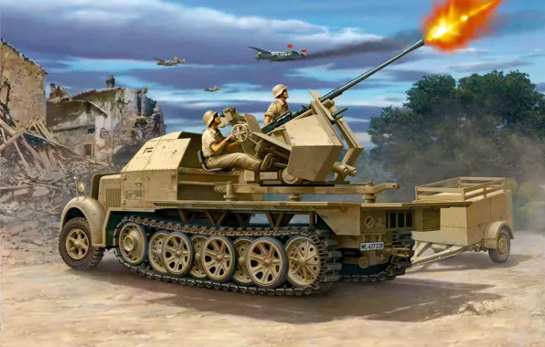 War, art, painting, ww2, flakpanzer, Sd.Kfz.7/2