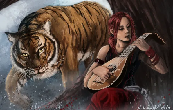 Картинка девушка, тигр, дерево, хищник, арт, красные волосы