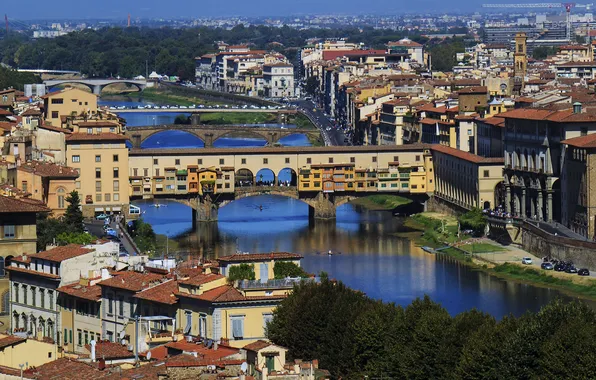 Картинка небо, деревья, мост, река, дома, Италия, панорама, Флоренция