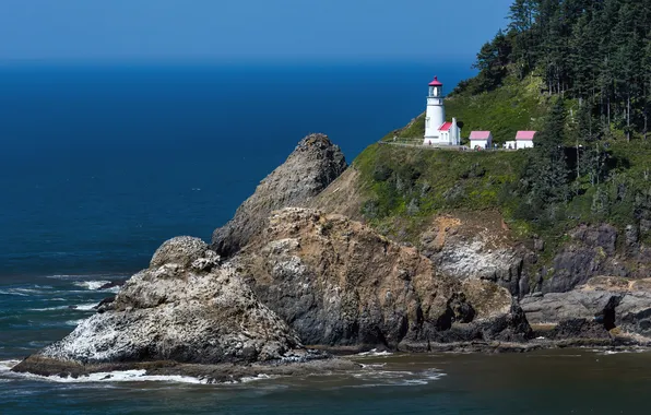 Картинка море, скала, маяк, Орегон, США