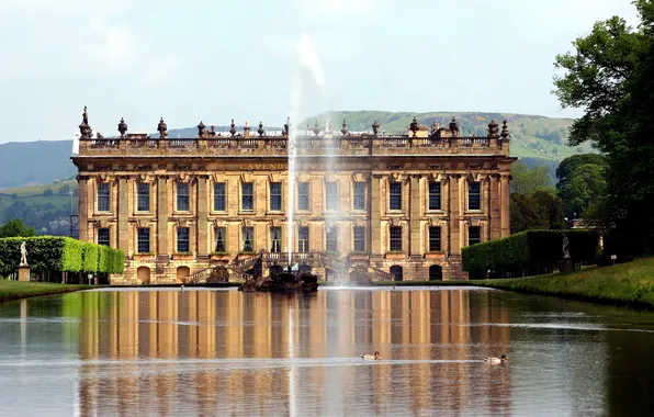 Картинка Англия, утки, Замок, фонтан, дворец, England, поместье, Chatsworth House
