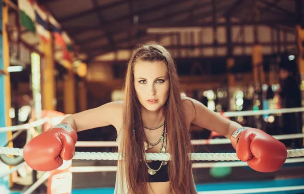 Картинка взгляд, девушка, бокс, перчатки, ринг
