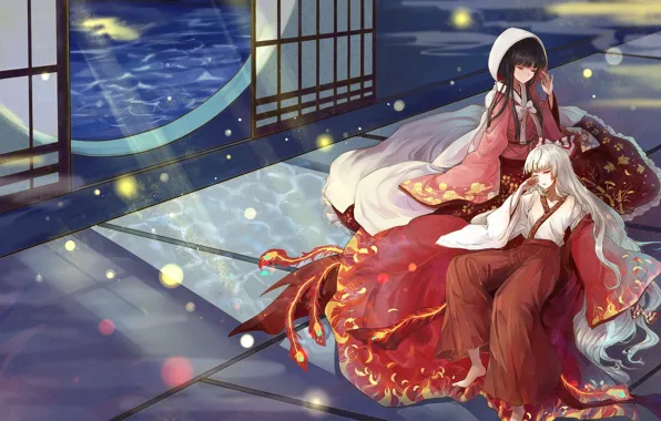 Девушки, аниме, окно, арт, лунный свет, Touhou, Тохо, Тоухоу
