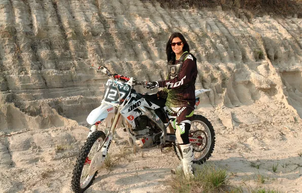 Girl, bike, motorcycle, brunette, sunglasses