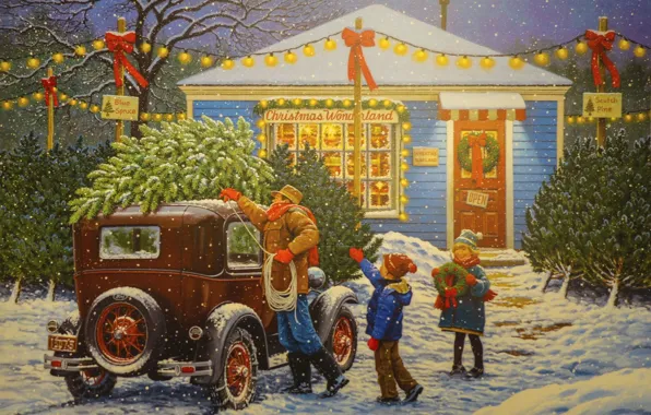 Картинка машина, снег, праздник, елка, рождество, семья, гирлянда, John Sloane