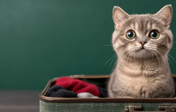 Кошка, кот, взгляд, котенок, серый, вещи, чемодан, мордашка