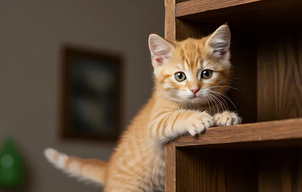 Кошка, взгляд, поза, котенок, комната, рыжий, шкаф, мордашка