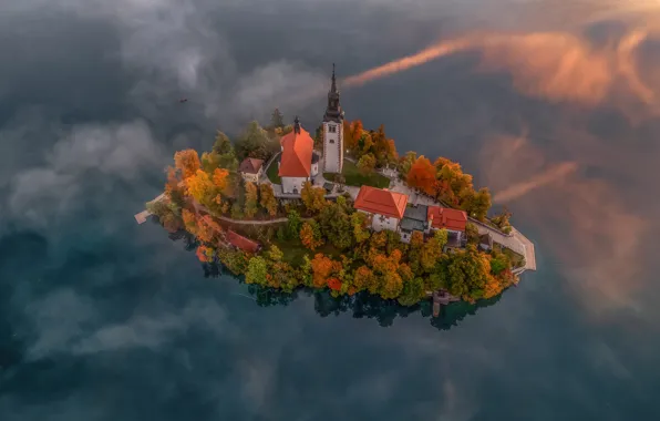 Картинка осень, деревья, озеро, остров, церковь, Словения, Lake Bled, Slovenia