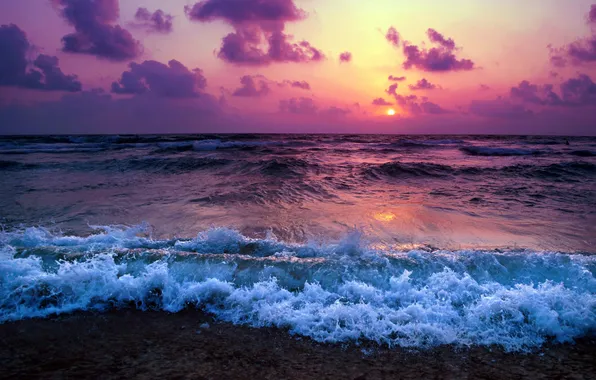 Волны, лето, закат, Pacific Ocean, Sunset, Summer, Тихий океан, Waves