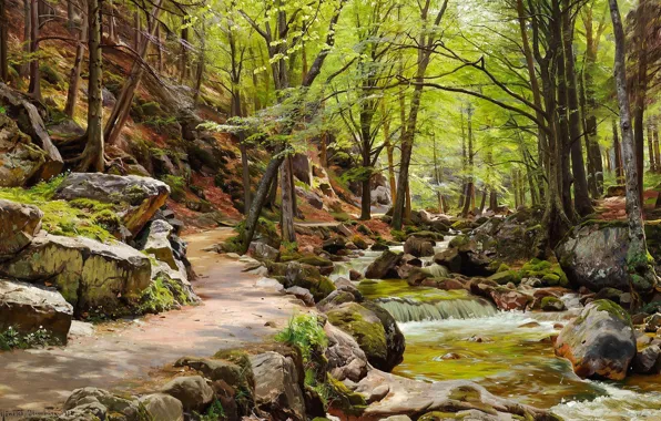 Картинка пейзаж, природа, река, ручей, камни, картина, тропинка, Петер Мёрк Мёнстед