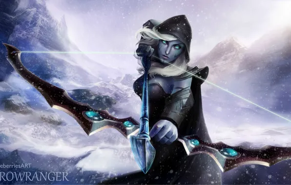 Картинка девушка, снег, лук, лучница, арт, эльфийка, dota, Drow Ranger