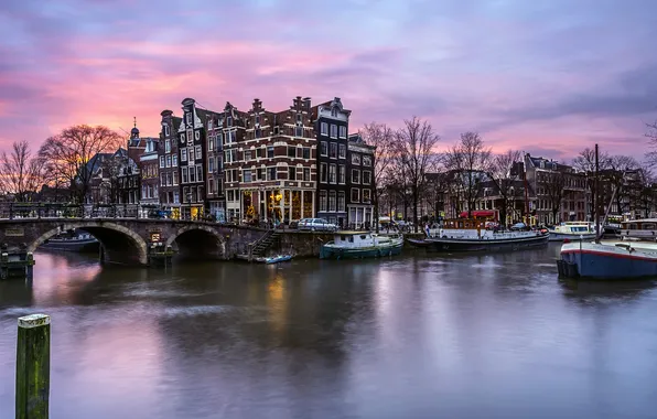 Картинка зима, огни, дома, вечер, Амстердам, канал, Нидерланды, Декабрь