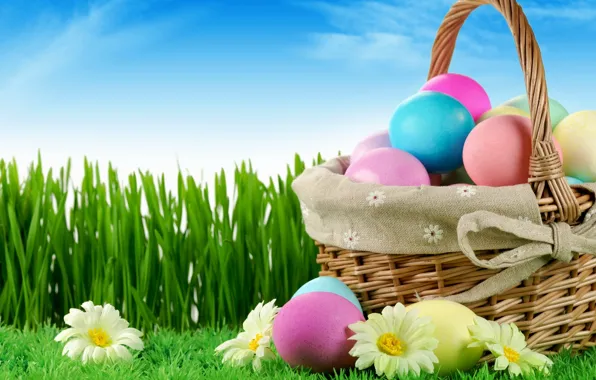 Трава, корзина, яйца, весна, пасха, Easter, egg
