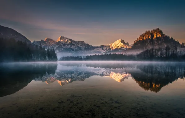 Картинка лес, небо, деревья, горы, озеро, отражение, рассвет, Австрия