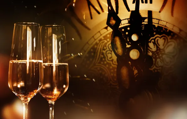 Украшения, ночь, часы, Новый Год, бокалы, шампанское, 2018, New Year