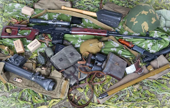 Картинка граната, бинокль, патроны, прицел, каска, СВД, 62-мм, штык нож
