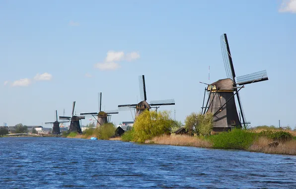 Небо, село, мельница, канал, нидерланды, Киндердейк, Kinderdijk
