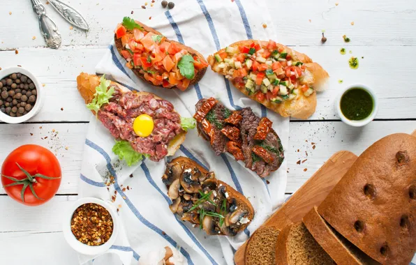 Грибы, яйцо, хлеб, мясо, овощи, помидоры, соус, томаты