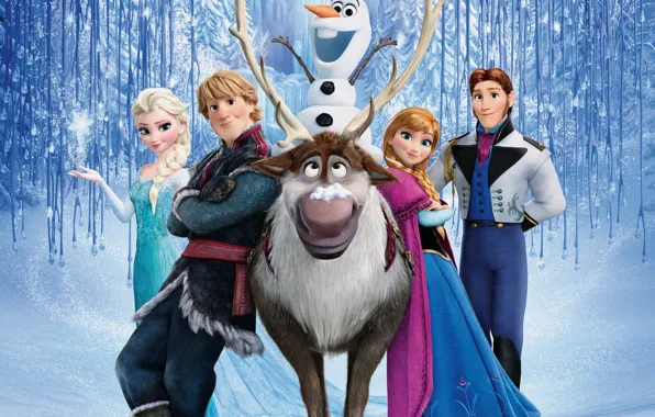 Картинка снег, снежинки, лёд, олень, снеговик, Frozen, принцесса, королевство